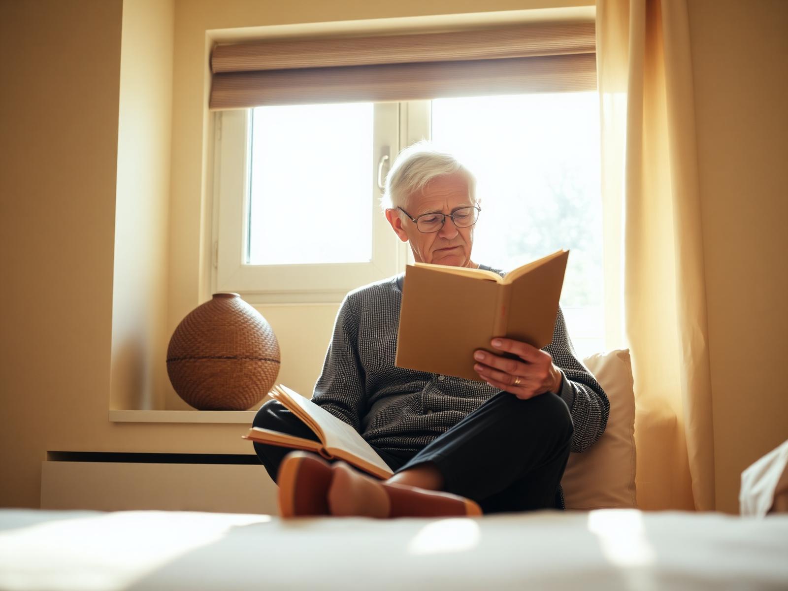 An older adult reading peacefully by a sunlit window