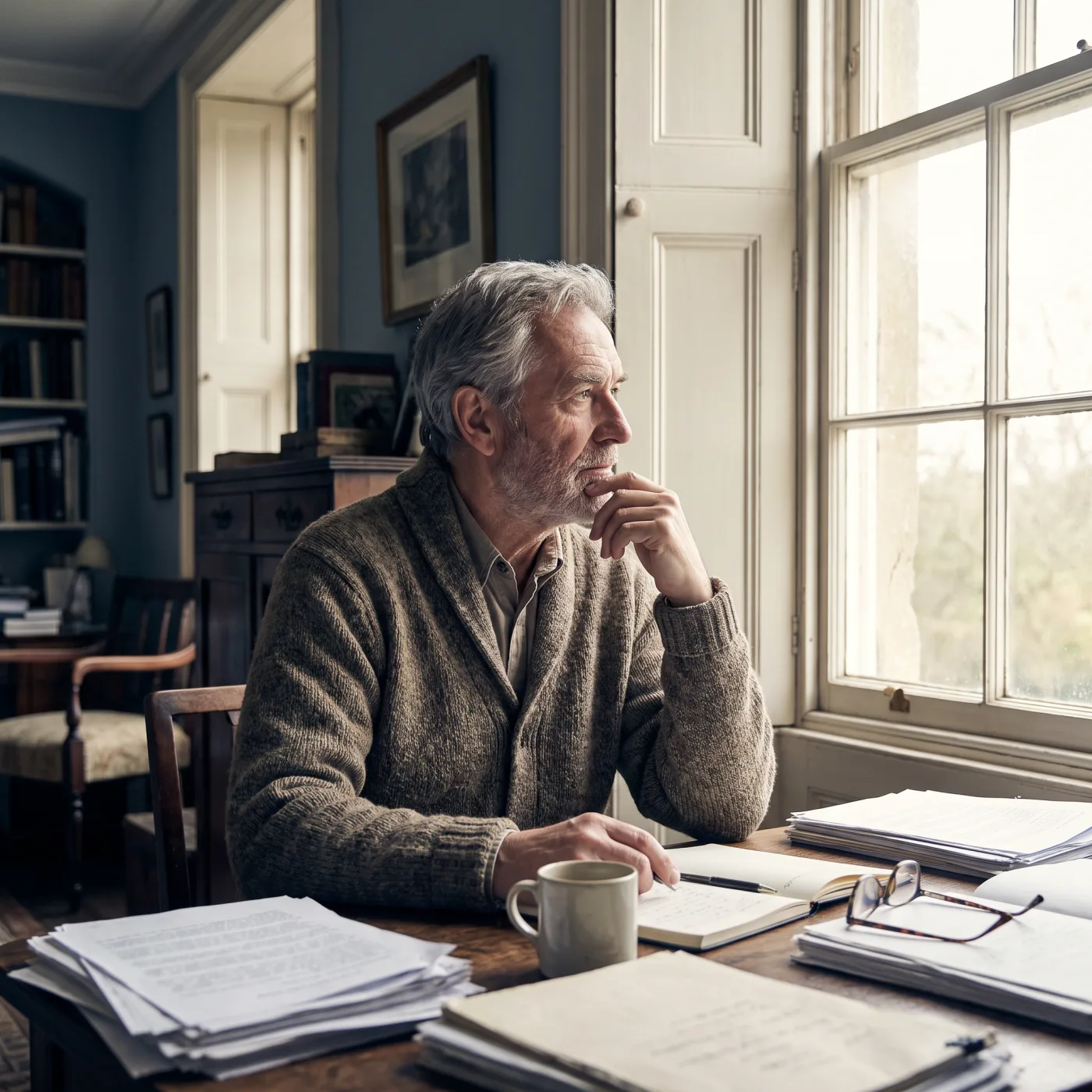 Portrait of the series' founding author at his writing desk
