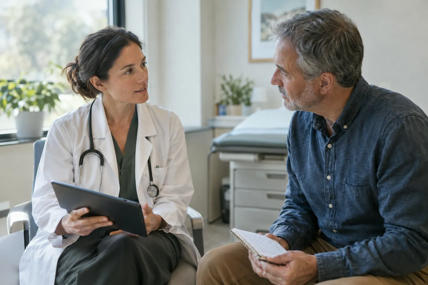 Editorial photograph of a primary care doctor in a white coat talking with a man in his late fifties who holds a short handwritten list of questions