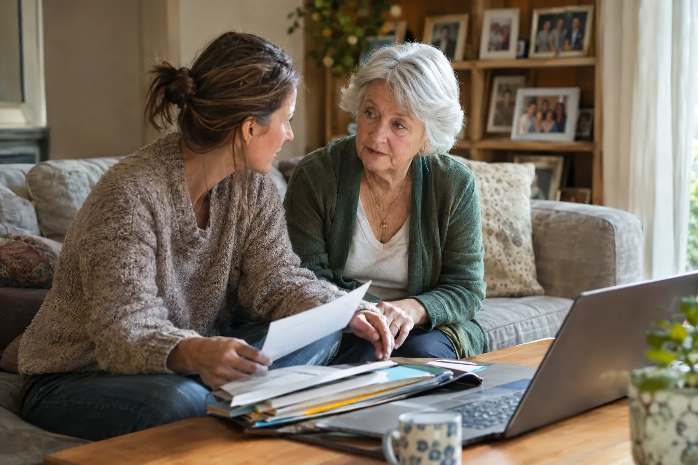 Editorial photograph of an adult daughter and her mother on a living room sofa reviewing a folder of household papers and a laptop together