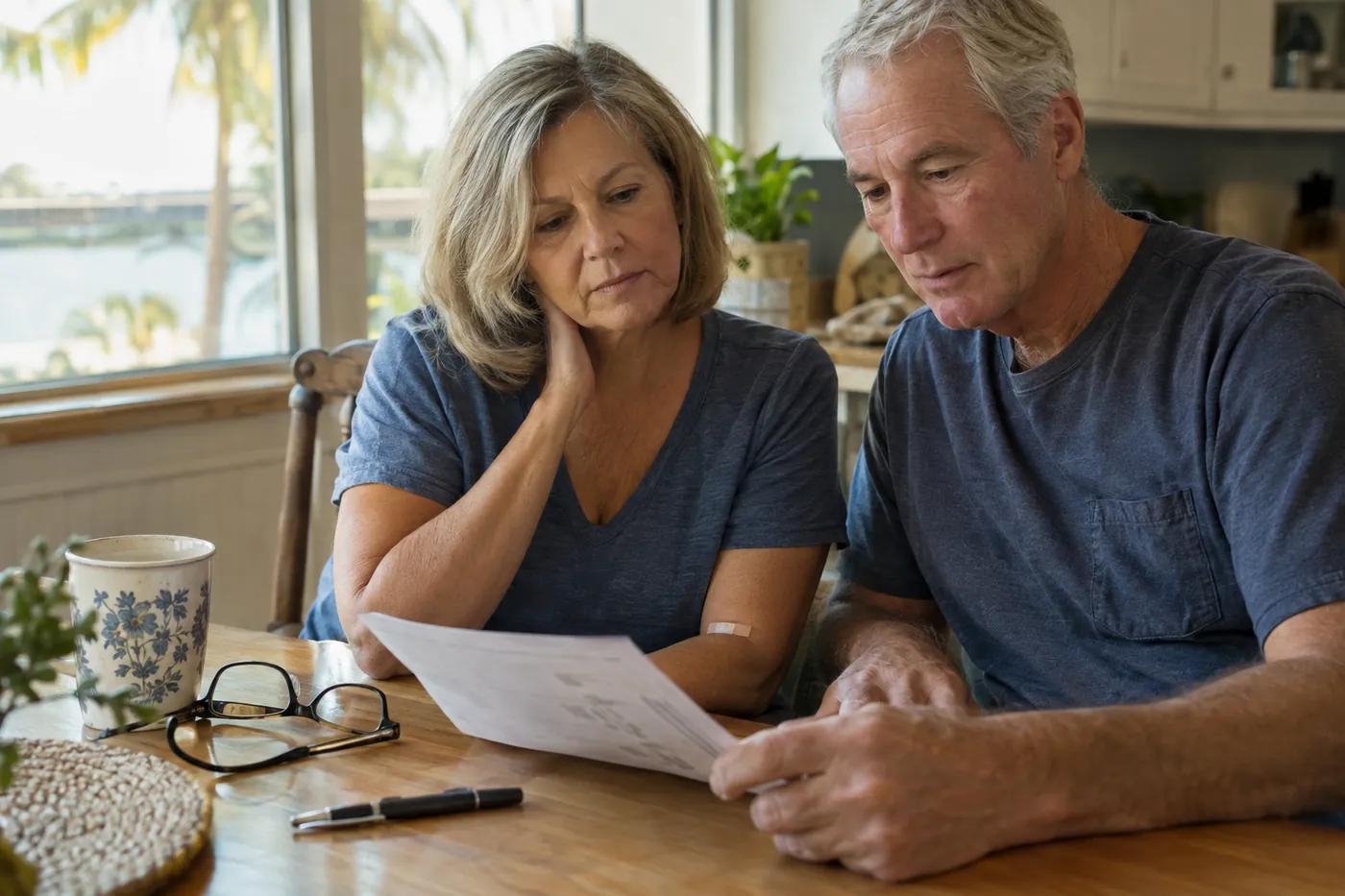 Editorial photograph of a married couple in their sixties at a sunlit kitchen table reviewing a printed lab results sheet together, a small bandage on her arm from a recent blood draw