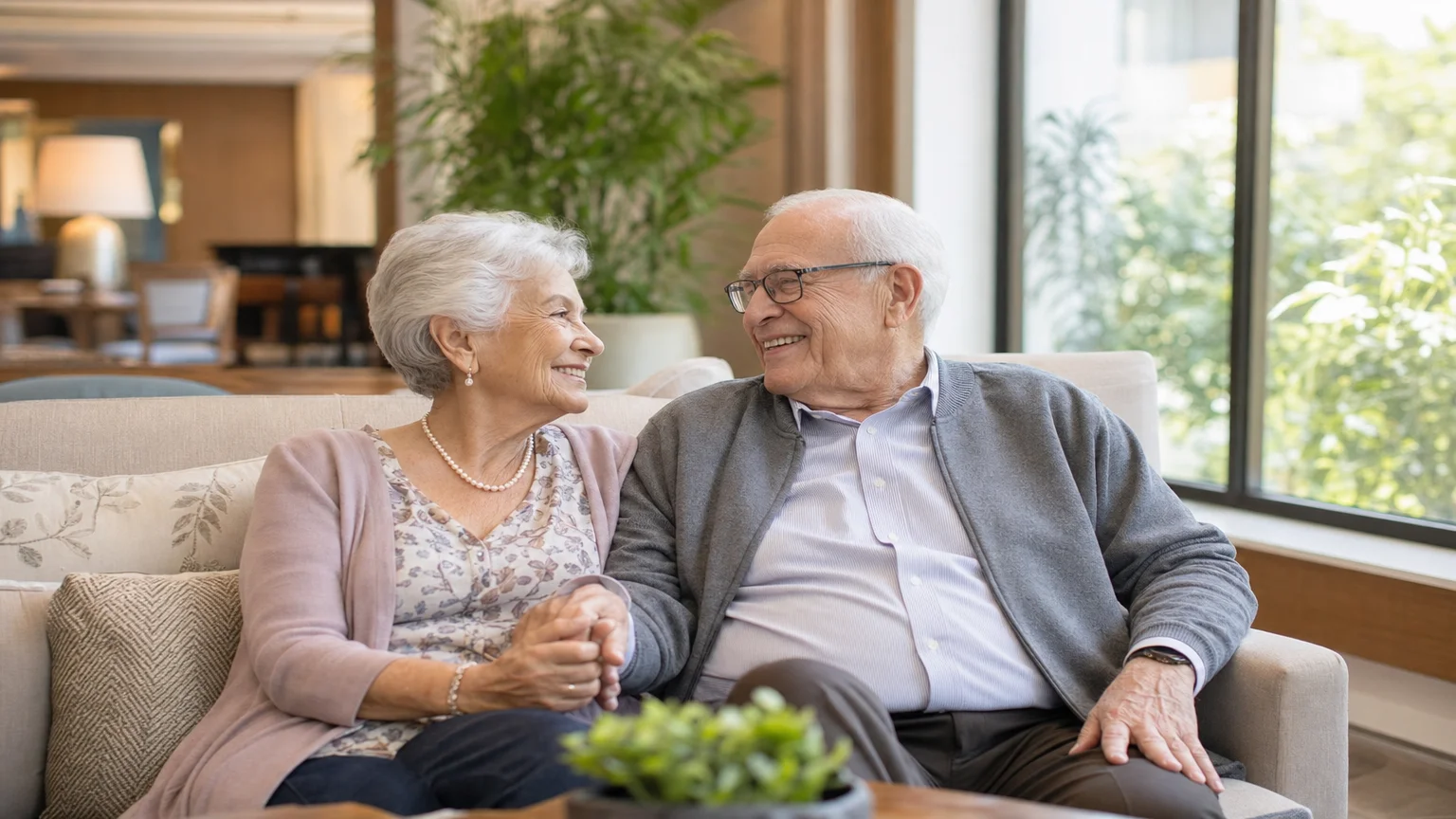 Editorial photograph of an elderly couple sitting together in a bright senior living community lounge, representing continuity of relationship through care transitions