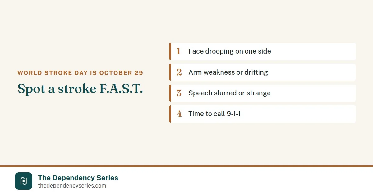 The Dependency Series graphic: F.A.S.T. stroke warning signs, face drooping, arm weakness, speech difficulty, time to call 9-1-1