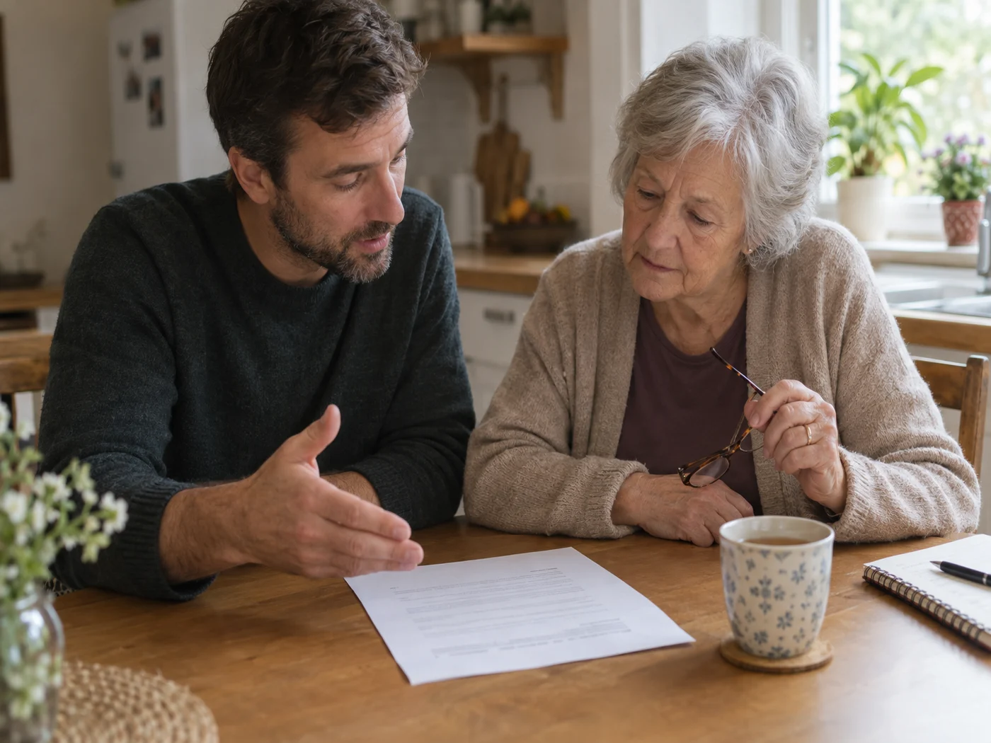 Adult son sitting at a kitchen table with his mother, reviewing a printed medical results page together