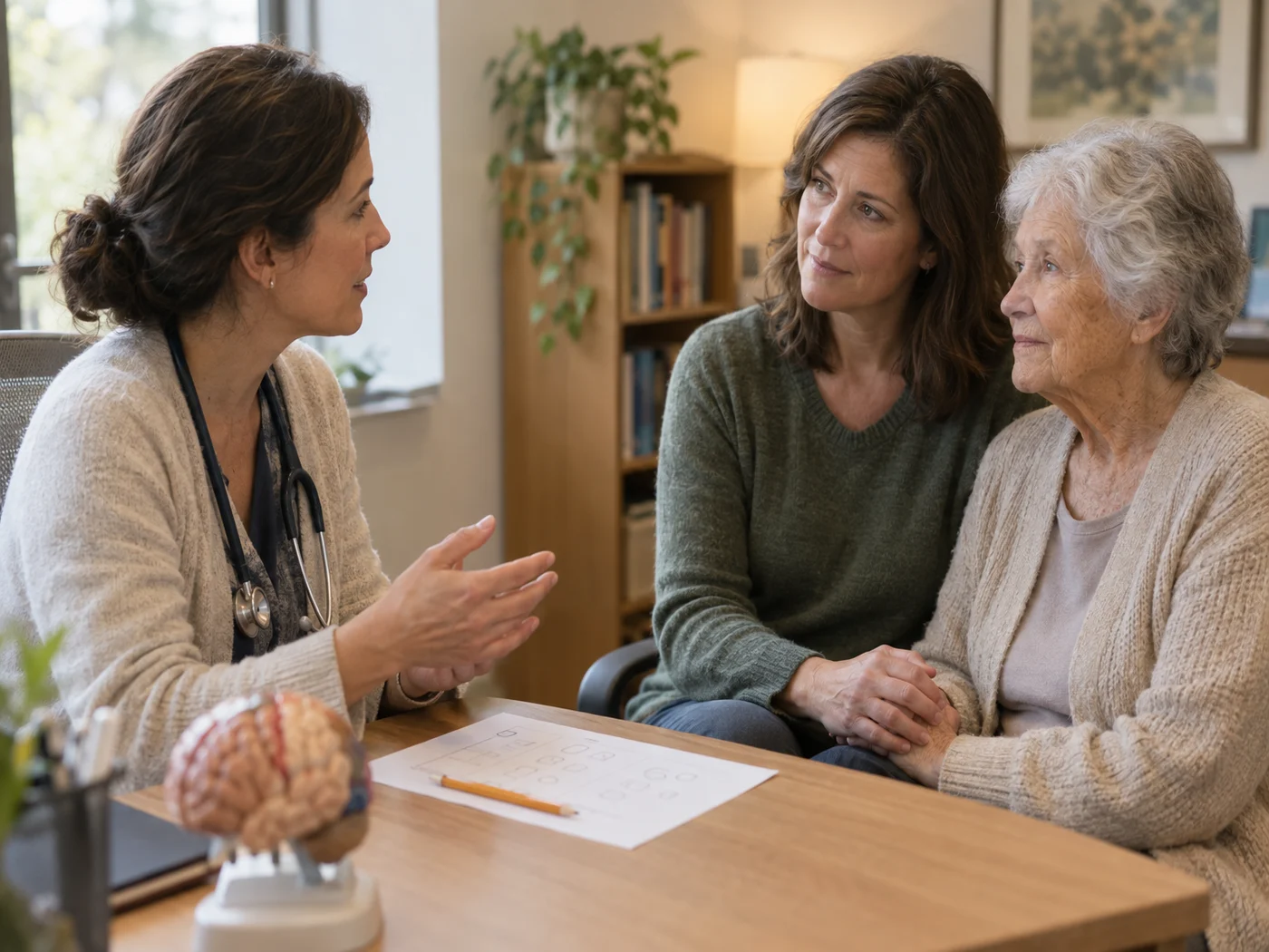 Neurologist speaking with an adult daughter and her mother across a consultation desk, with a cognitive screening worksheet on the table