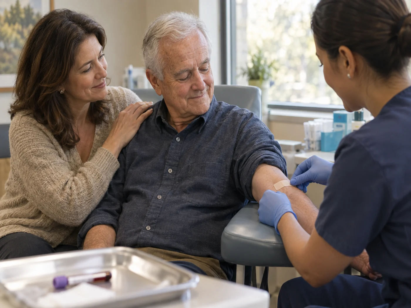 Editorial photograph of an adult daughter comforting her father after a routine blood draw in a clinic, representing blood-based Alzheimer's biomarker testing