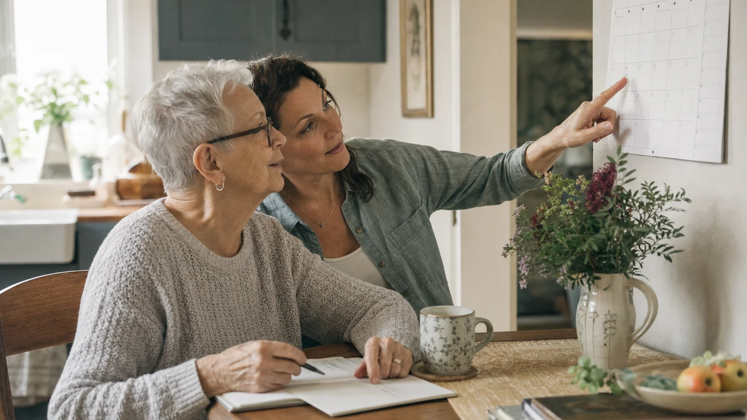 Adult daughter reviewing a calendar and notebook with her mother to track appointments, early dementia
