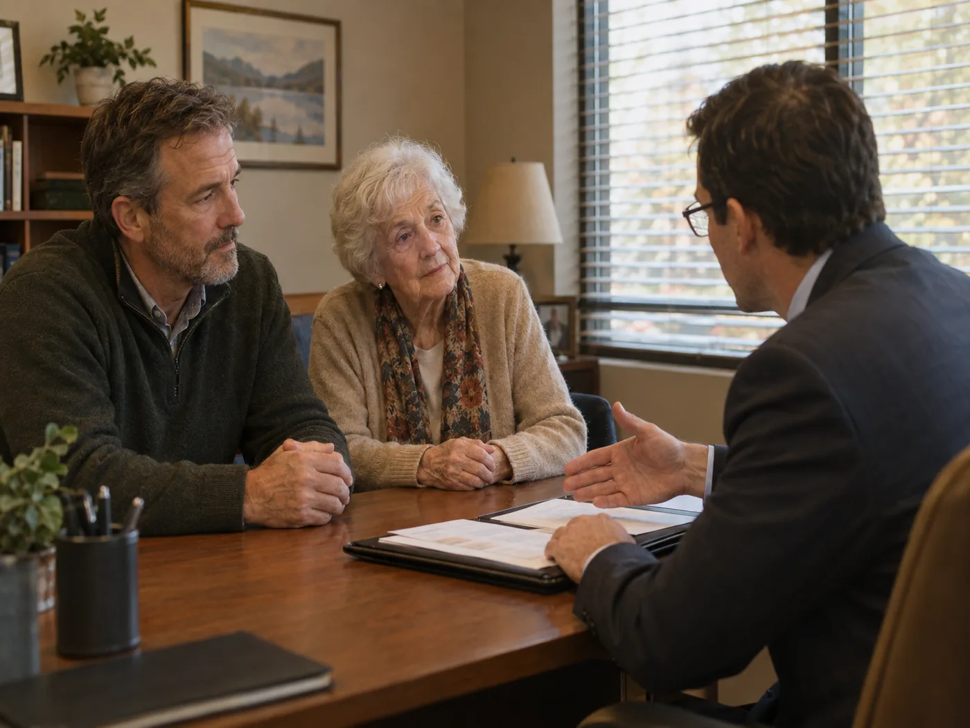 Man in his fifties sitting with his elderly mother across from an insurance advisor, reviewing coverage paperwork