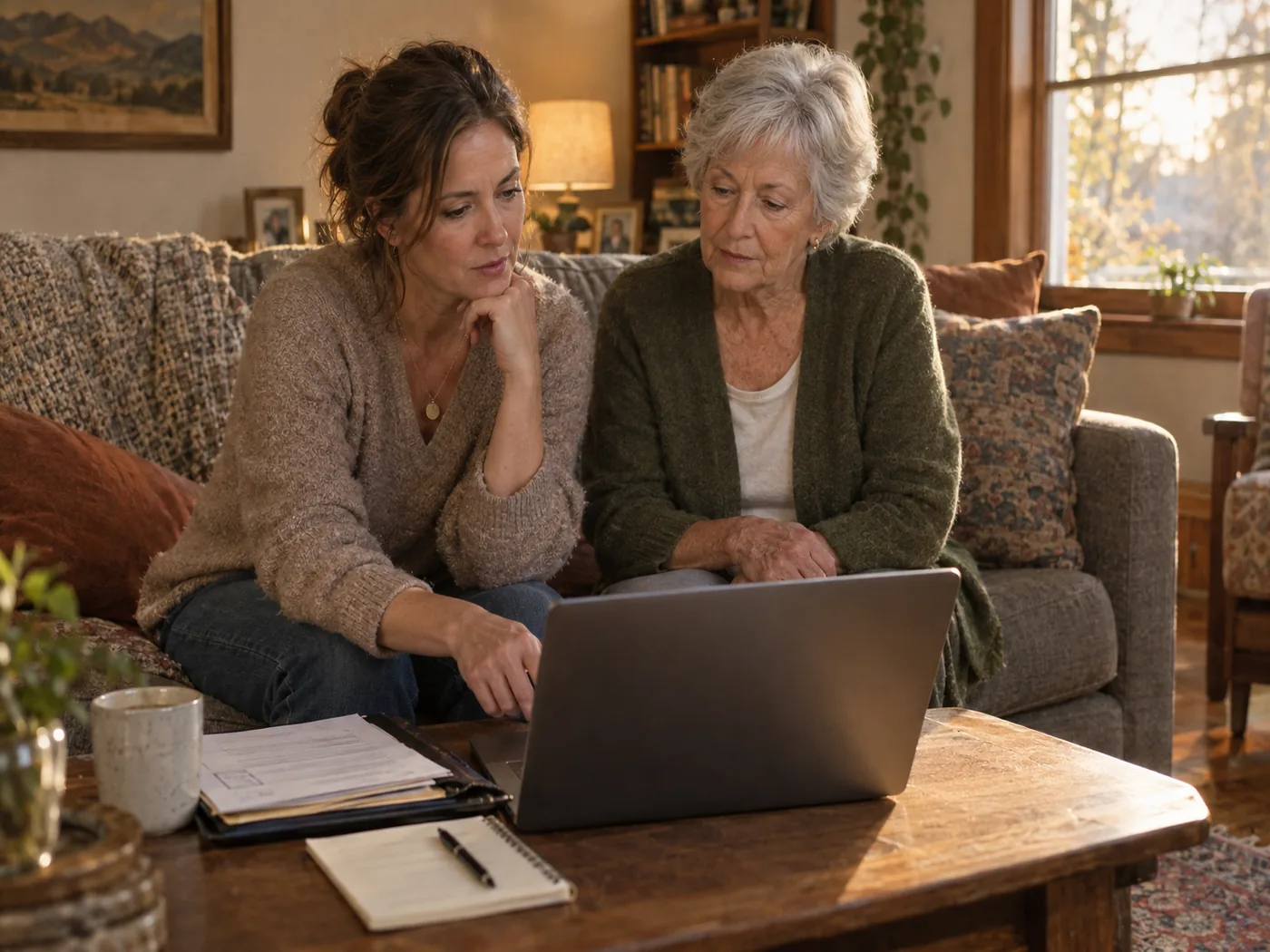 Adult daughter and her mother sitting on a couch reviewing long-term care coverage options on a laptop at home