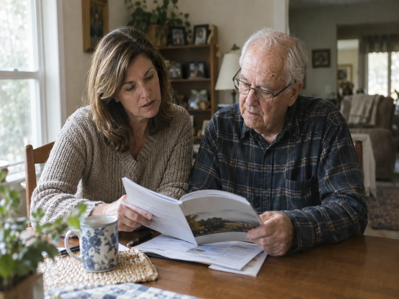 Editorial photograph of an adult daughter and her father at a dining table reviewing a long-term care insurance policy together