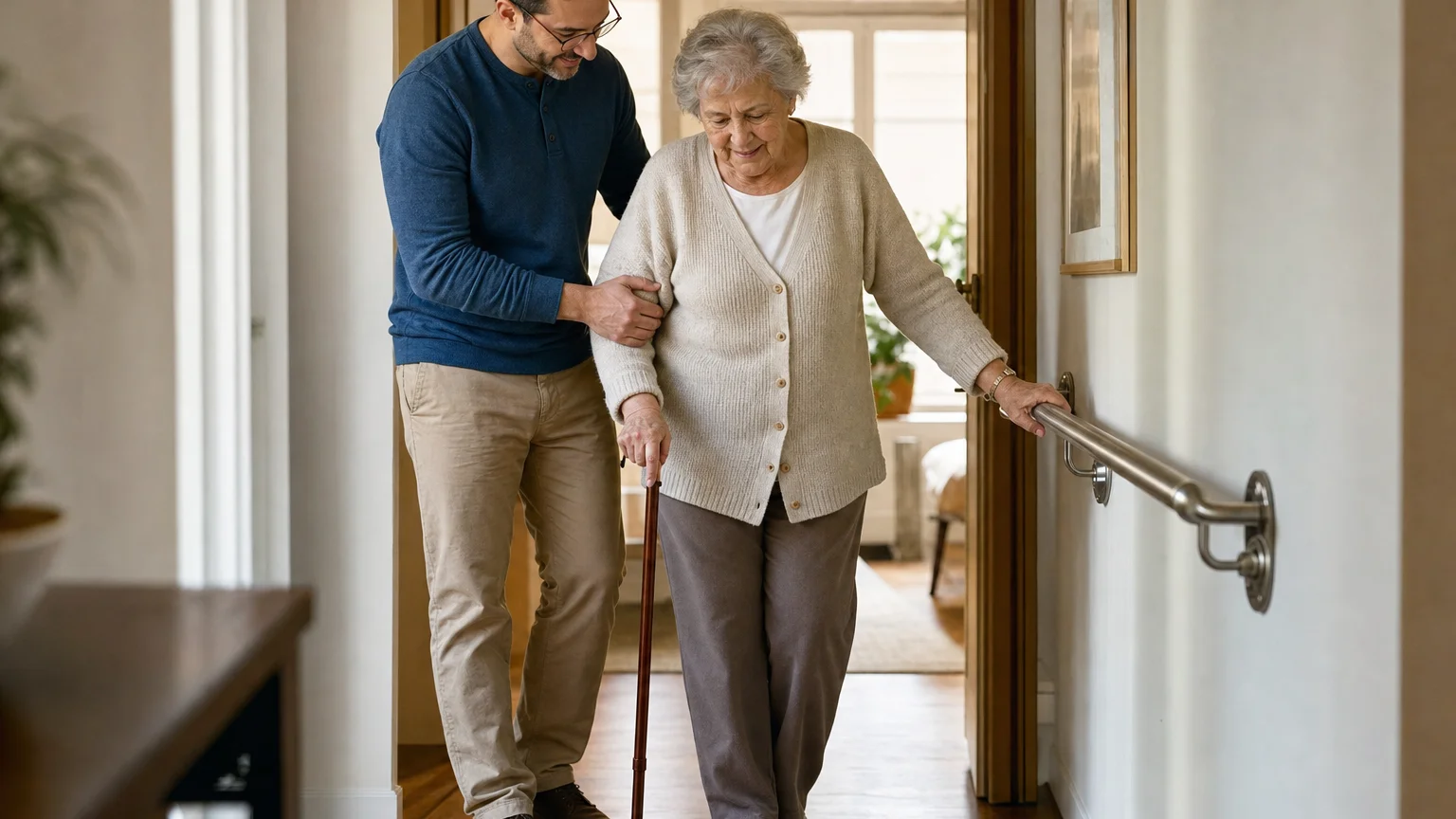 Adult son steadying his mother as she practices walking with a cane past a home grab bar