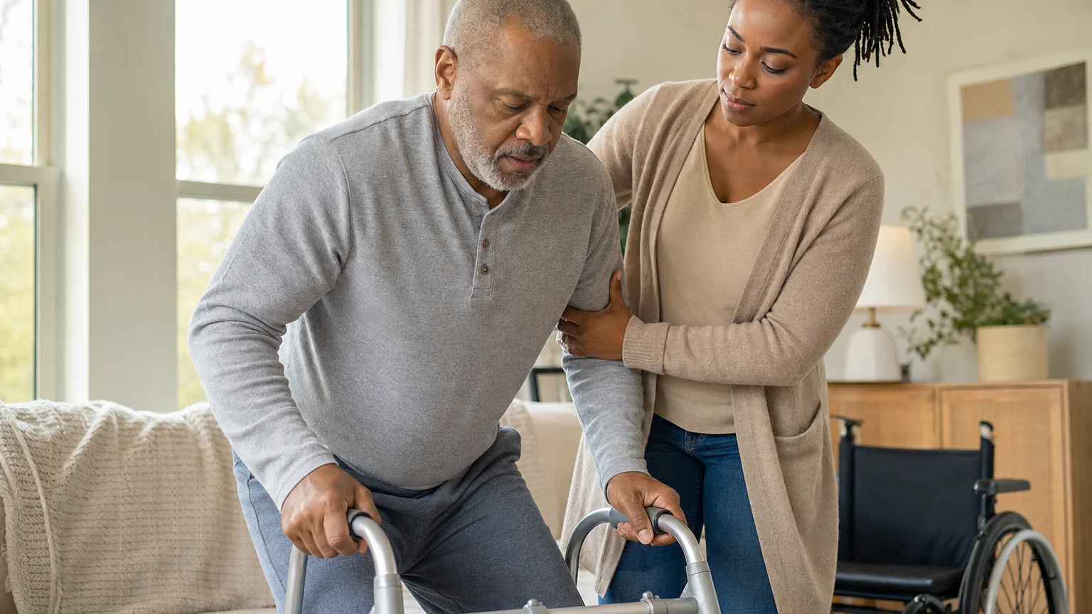 Adult daughter supporting her father during stroke rehabilitation therapy