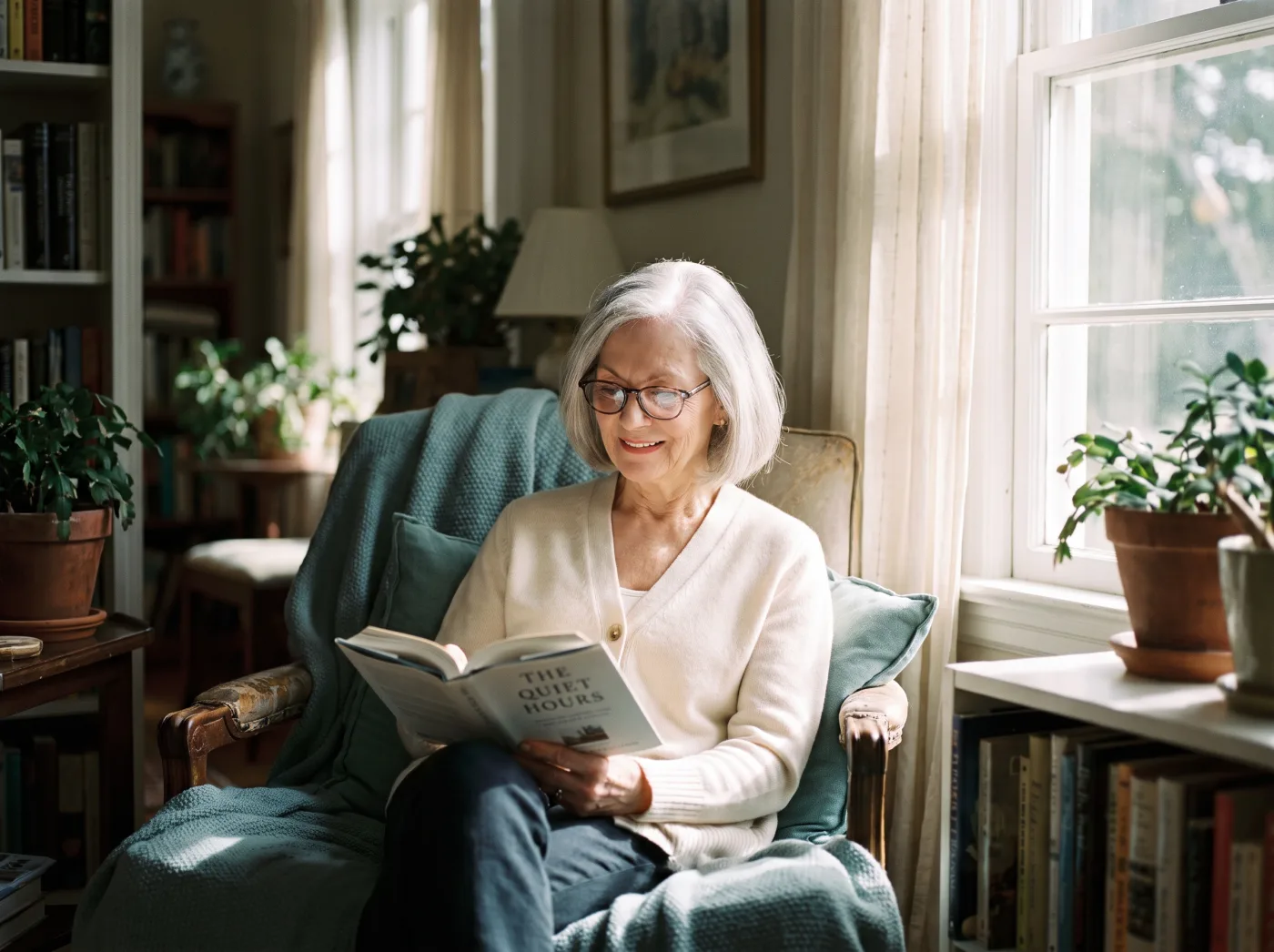 An older woman reading calmly by a sunlit window at home