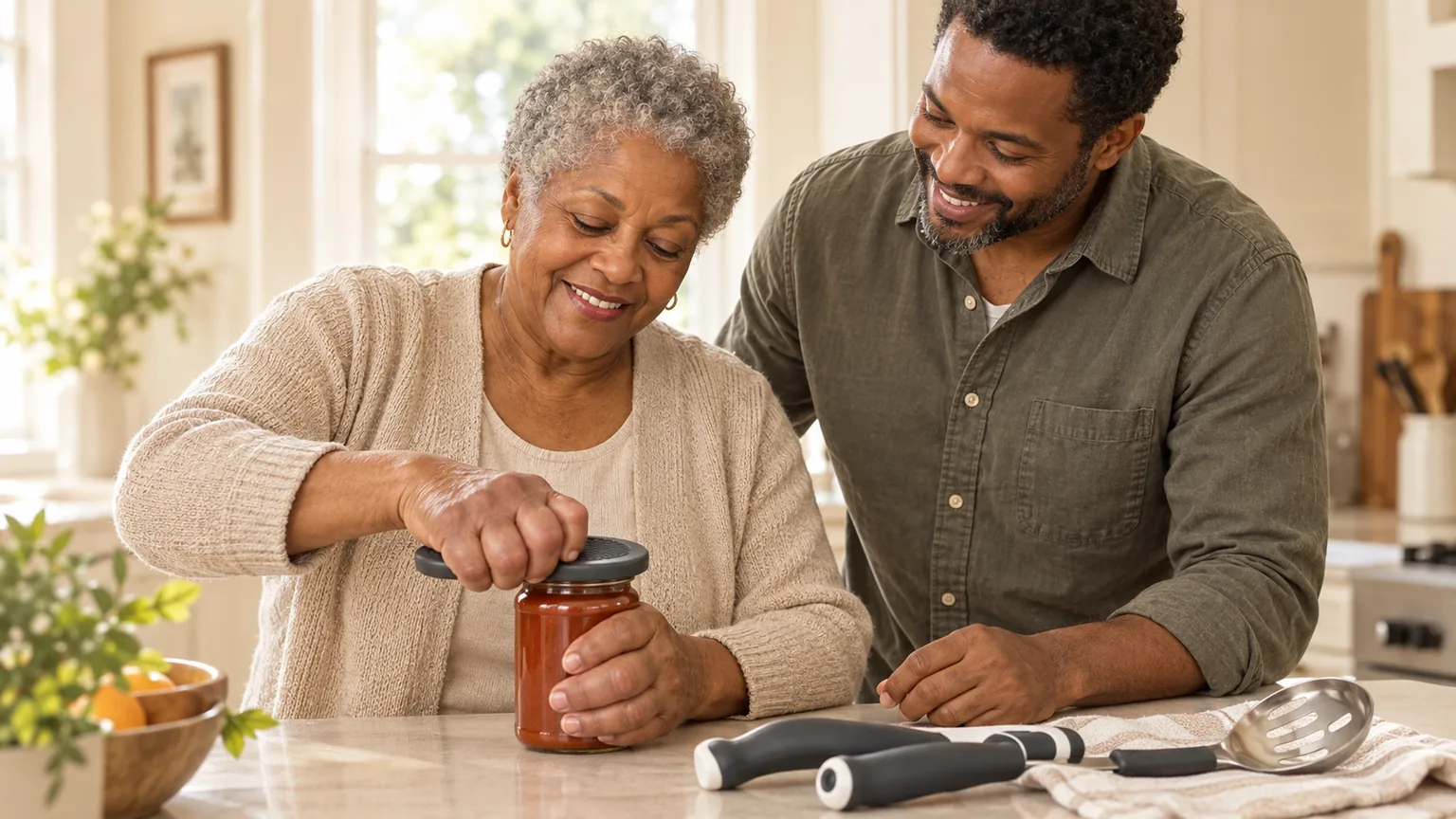 An older mother with arthritis opening a jar with an easy-grip opener while her adult son helps at the kitchen counter, with large-handled adaptive utensils nearby