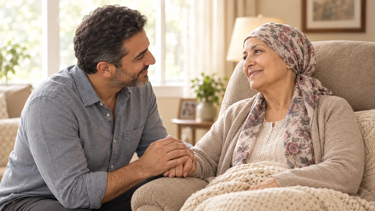 A mother wearing a headscarf during cancer treatment sitting in a recliner while her adult son holds her hand