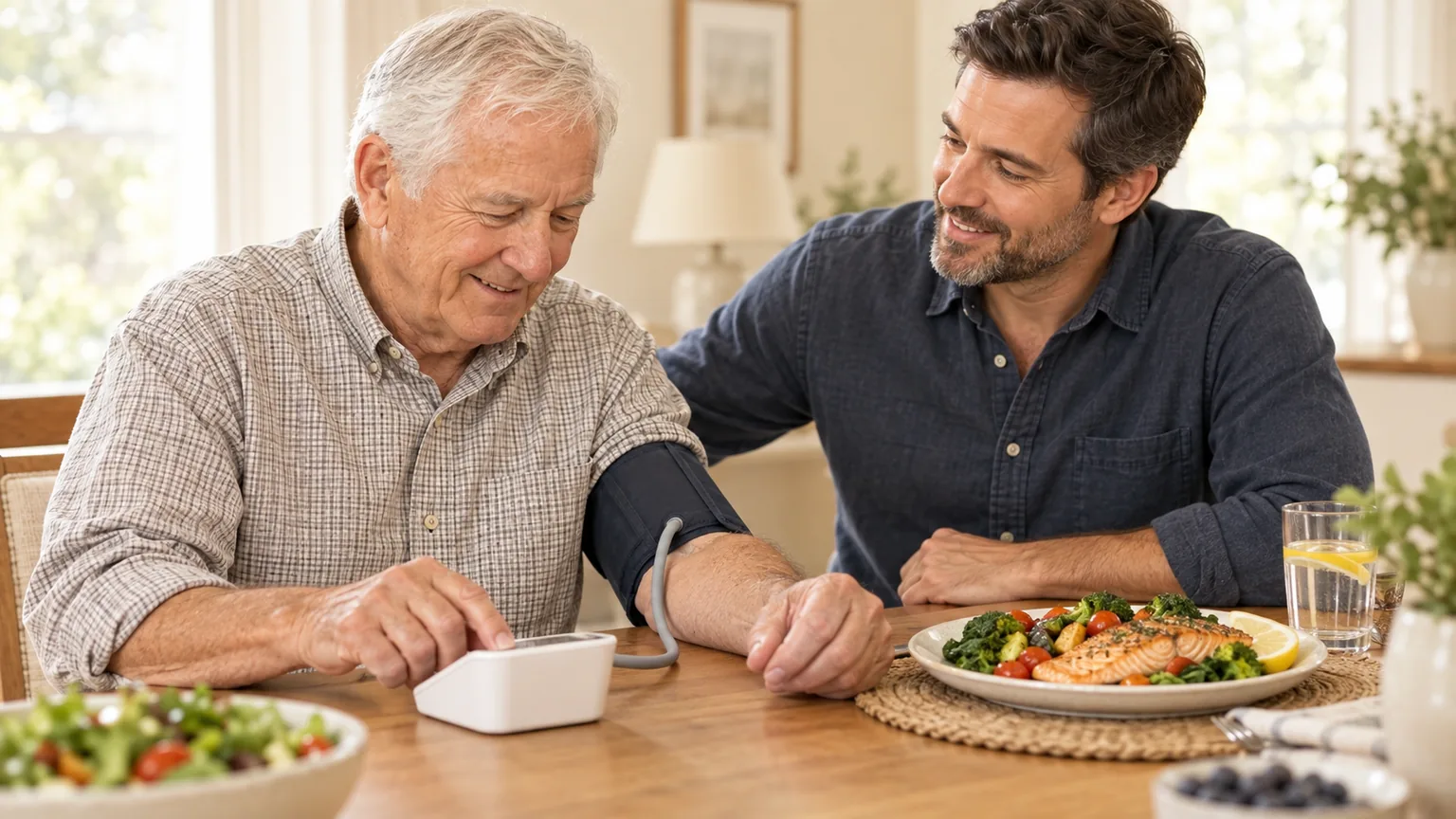 An older father checking his blood pressure with a home monitor while his adult son looks on, a heart-healthy meal on the table