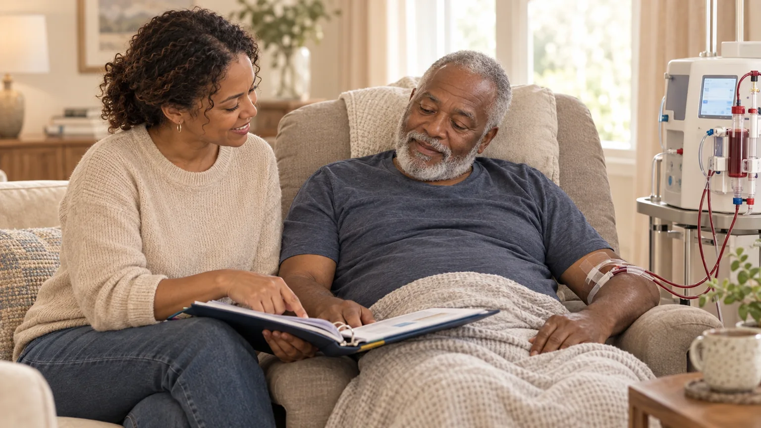 An older father resting in a recliner during home dialysis while his adult daughter goes over a care binder with him
