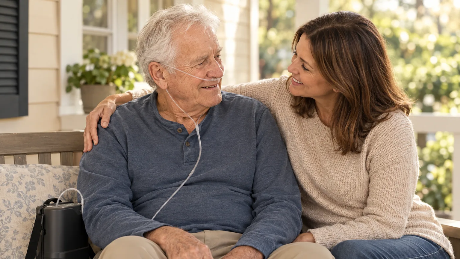 An older father using a nasal cannula and portable oxygen concentrator on the porch with his adult daughter beside him