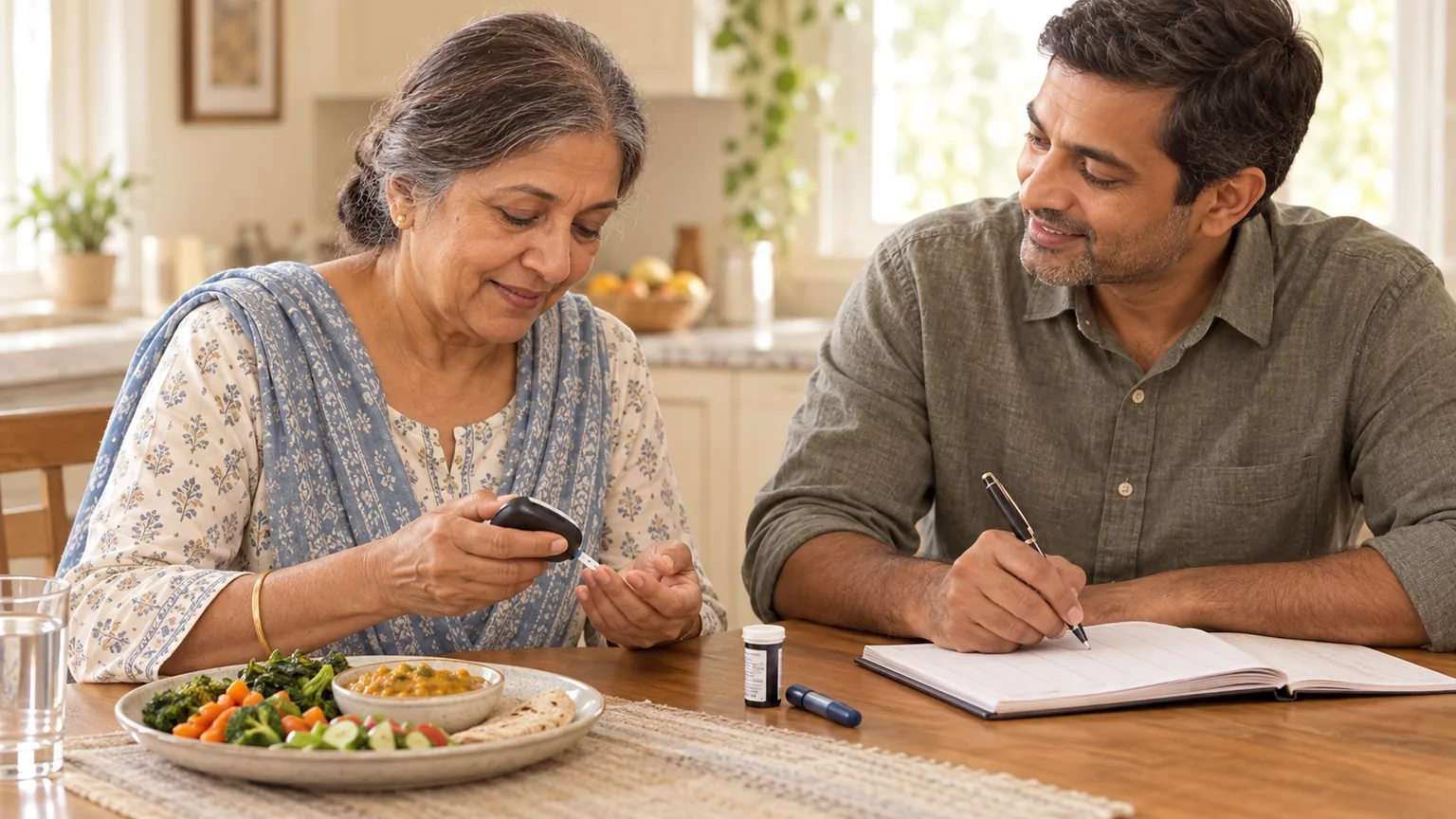 An older mother checking her blood glucose at the kitchen table while her adult son records the reading in a log