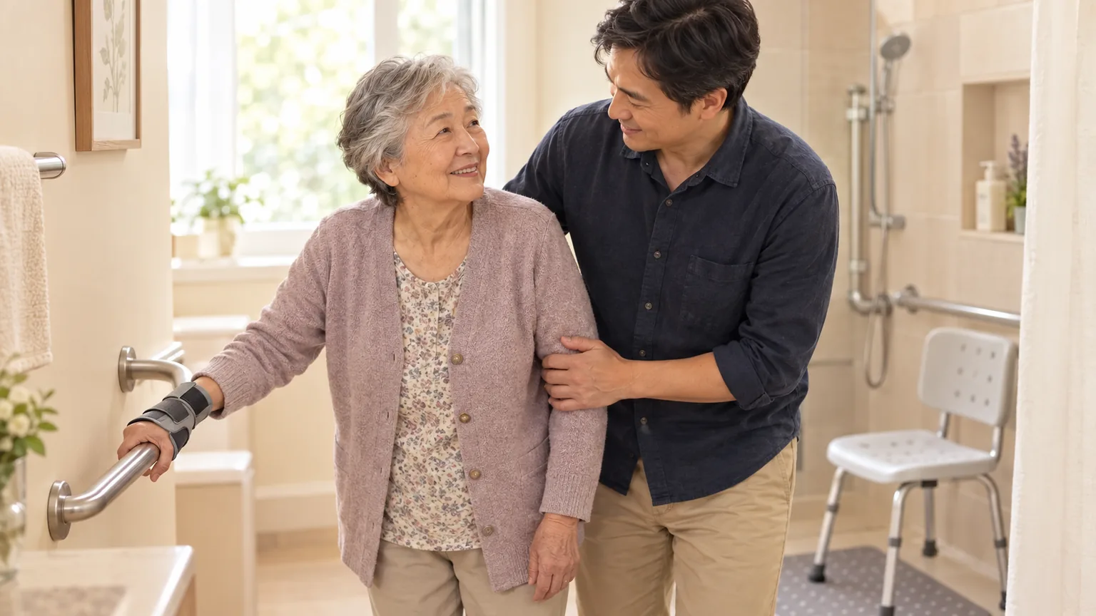 An older mother wearing a wrist brace holding a bathroom grab bar while her adult son steadies her, with a shower chair nearby