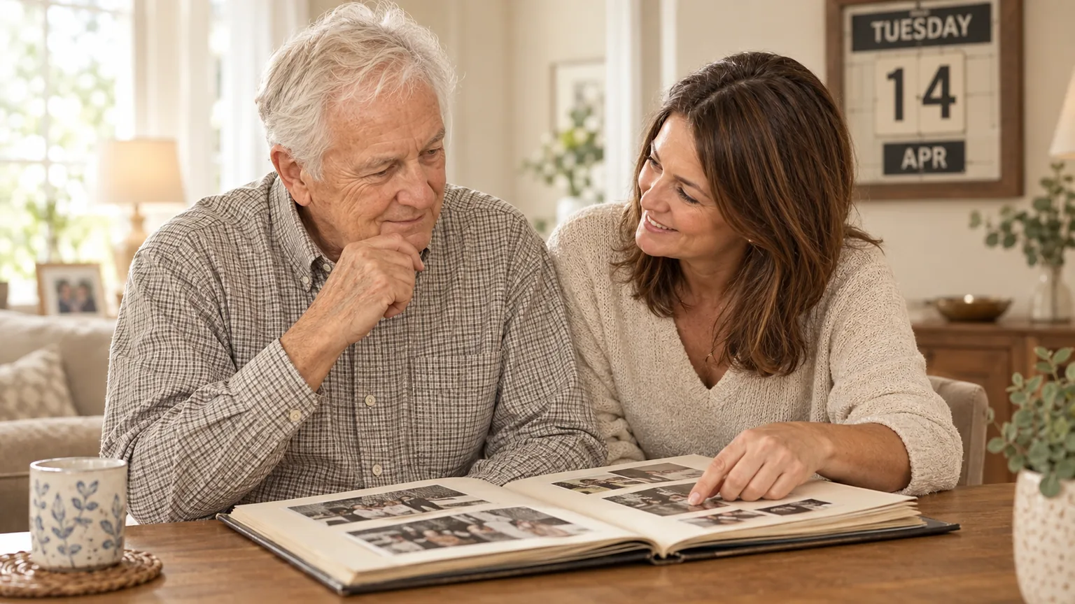 An older father looking through a family photo album with his adult daughter, a large day-and-date clock on the wall behind them