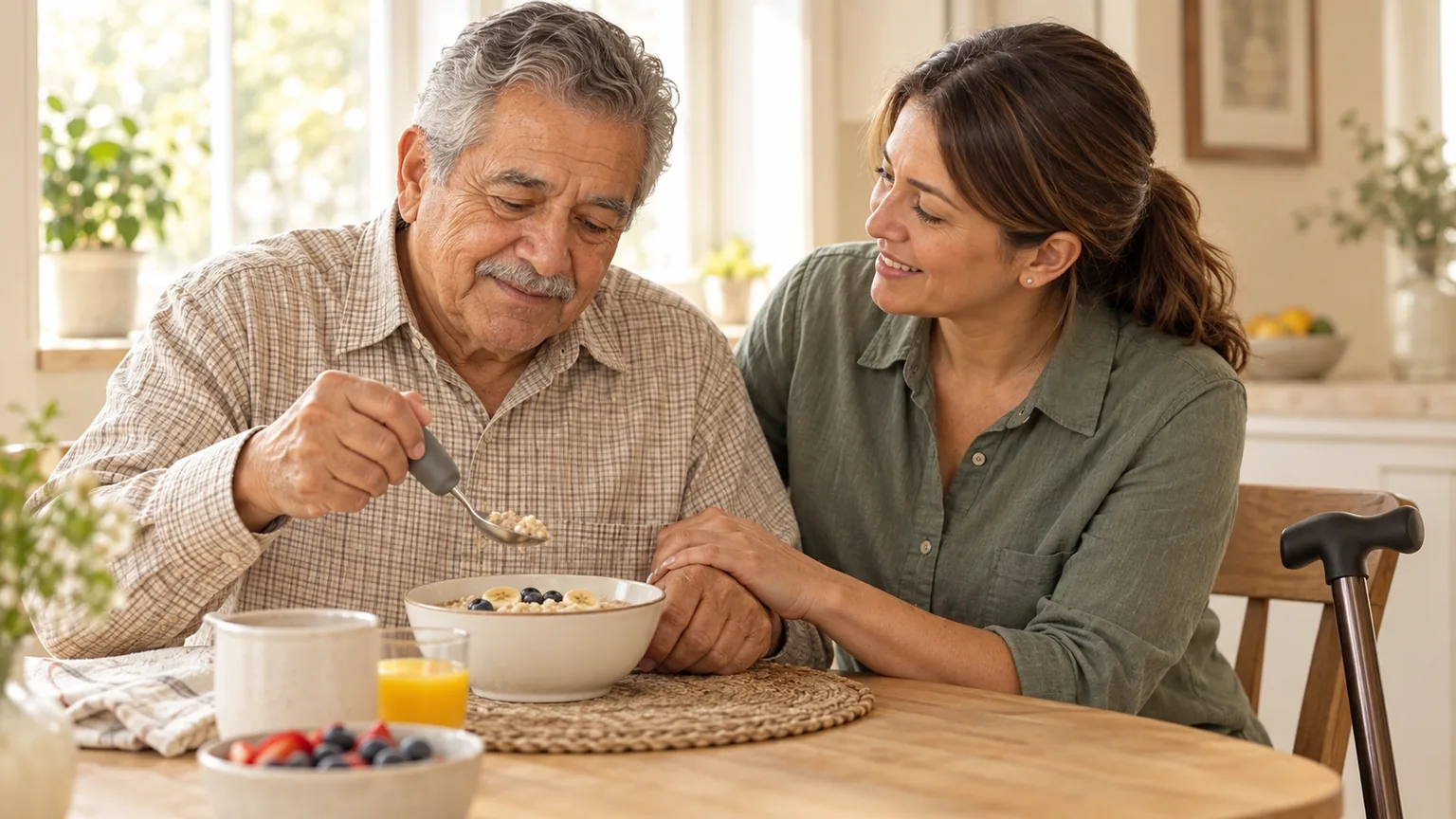 An older father with Parkinson's using a weighted spoon at breakfast while his adult daughter gently steadies his wrist