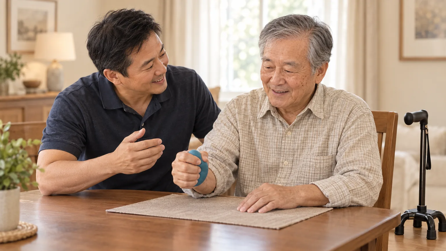 An older father squeezing a therapy ball during stroke hand rehabilitation while his adult son coaches him, a quad cane beside the chair