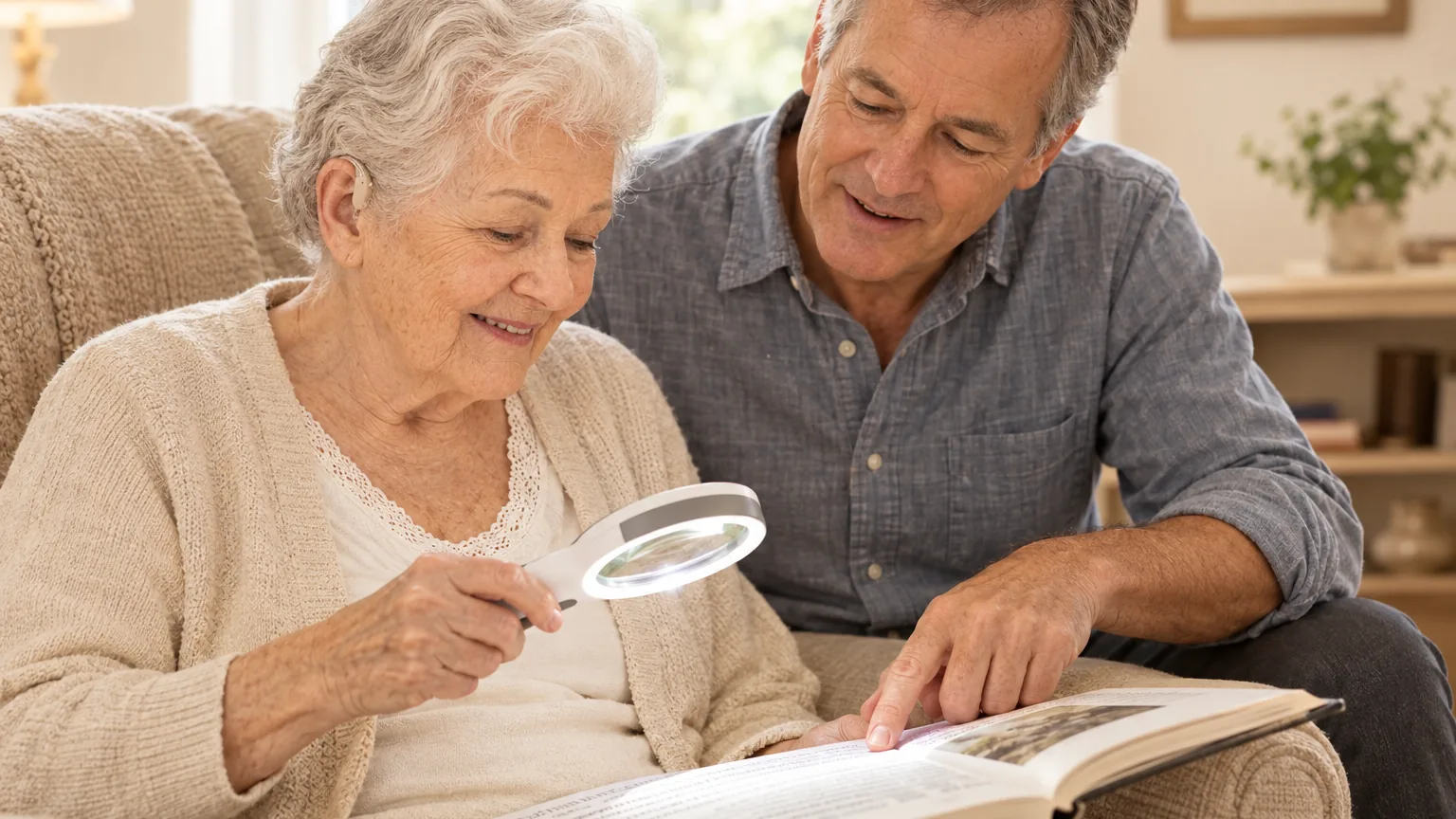An older mother wearing a hearing aid reading a large-print book with a lighted magnifier while her adult son points to the page
